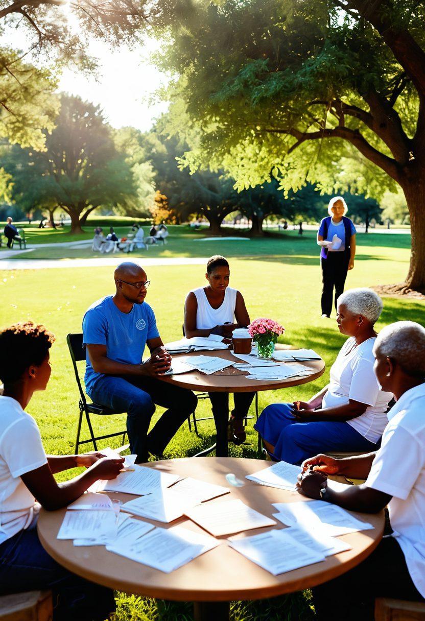 A serene scene depicting a diverse group of individuals in a supportive circle, sharing stories and resources about cancer journey. Soft sunlight filters through a tranquil park, with a table of pamphlets and health resources at the center. Include symbols of hope like ribbons and flowers nearby, radiating warmth and community spirit. Super-realistic. Warm tones. Natural background.