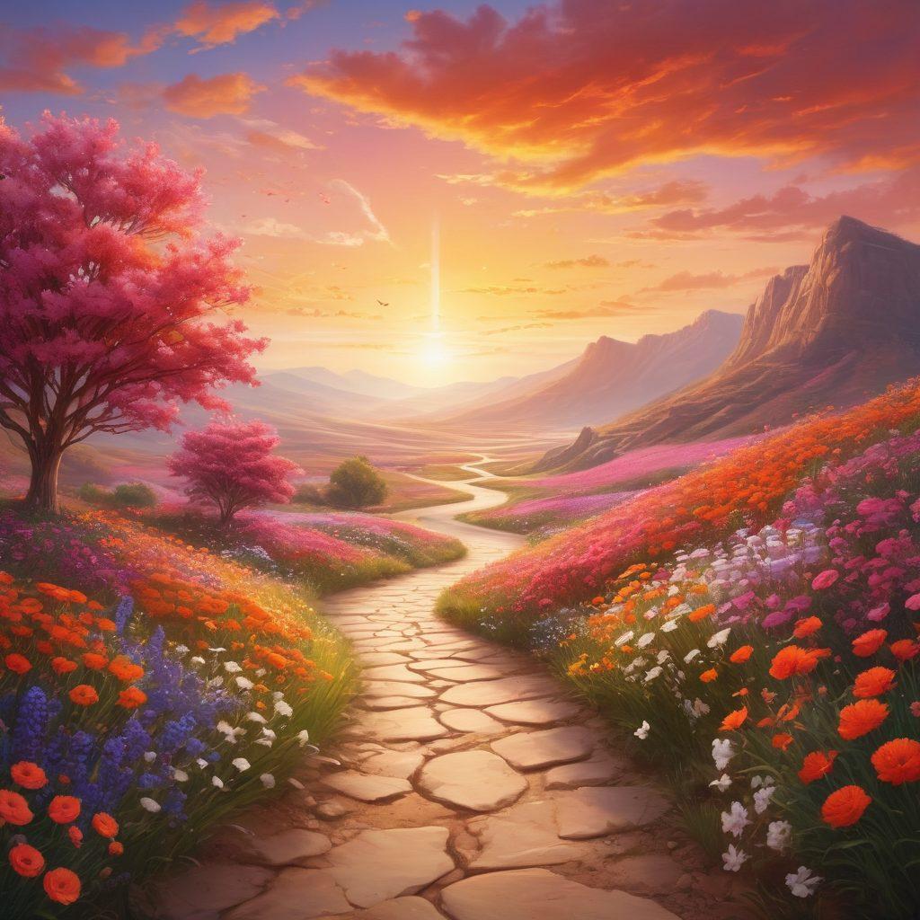 A serene yet powerful visual journey showing a patient transitioning from a diagnosis of cancer to a state of remission. Illustrate a vibrant landscape with symbolic elements like blooming flowers representing hope, a winding path leading towards a bright horizon, and medical symbols subtly integrated throughout the scene. Use a warm color palette to convey optimism and strength. super-realistic. vibrant colors. soft focus.